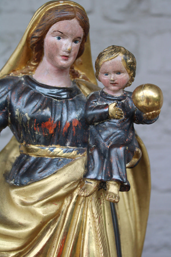 Antique 19thc Wood carved polychrome gold gilt Madonna child statue religious