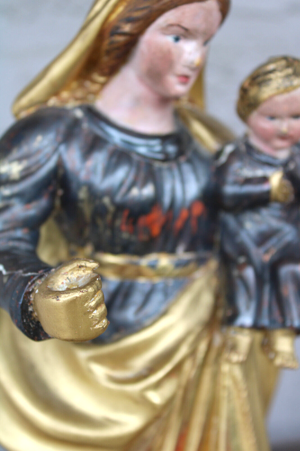 Antique 19thc Wood carved polychrome gold gilt Madonna child statue religious