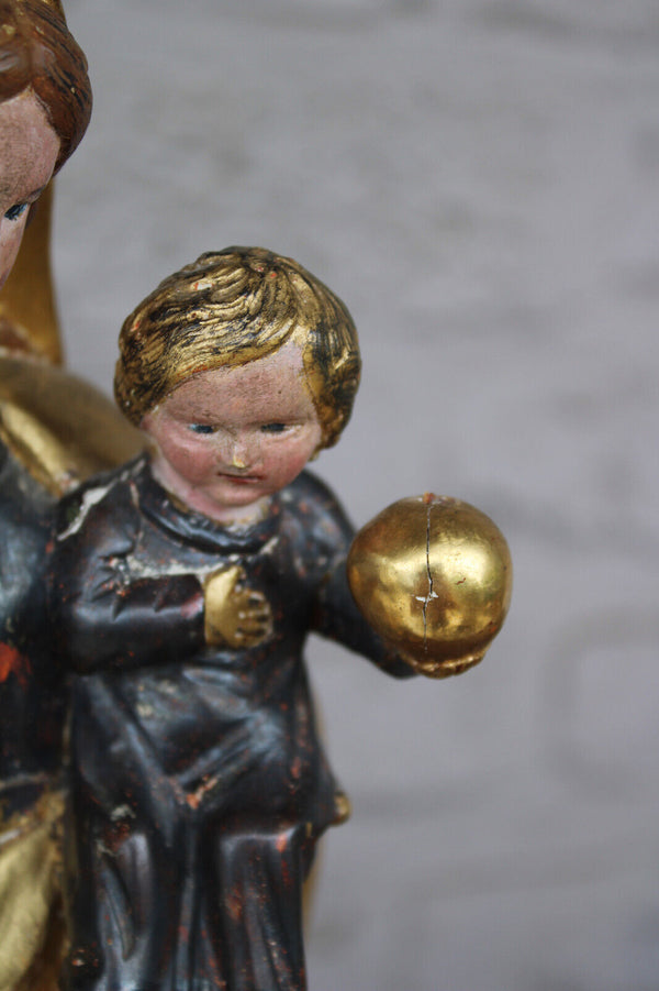 Antique 19thc Wood carved polychrome gold gilt Madonna child statue religious