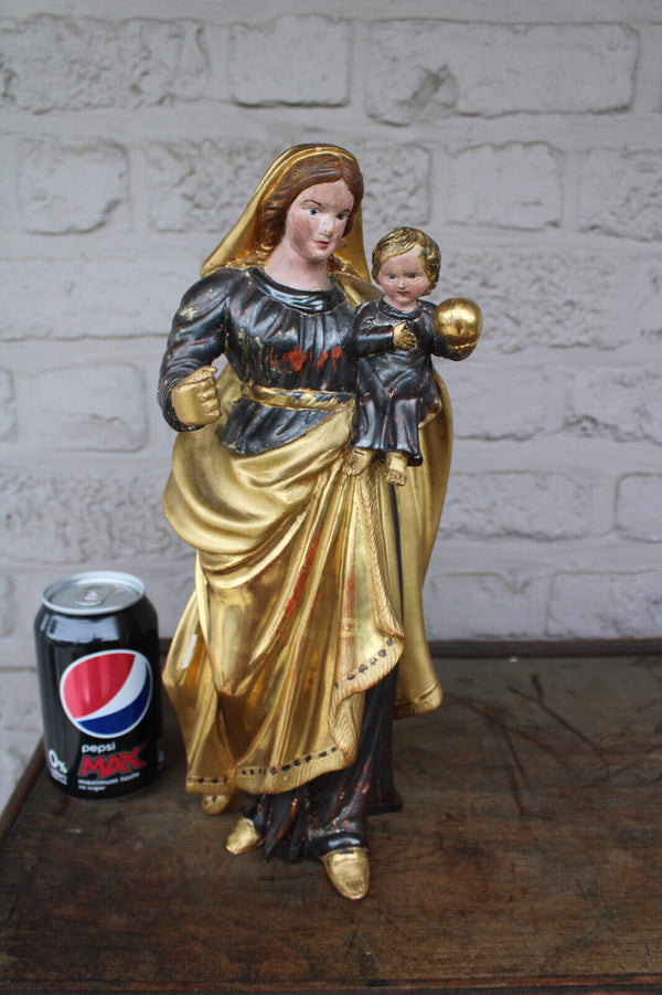 Antique 19thc Wood carved polychrome gold gilt Madonna child statue religious