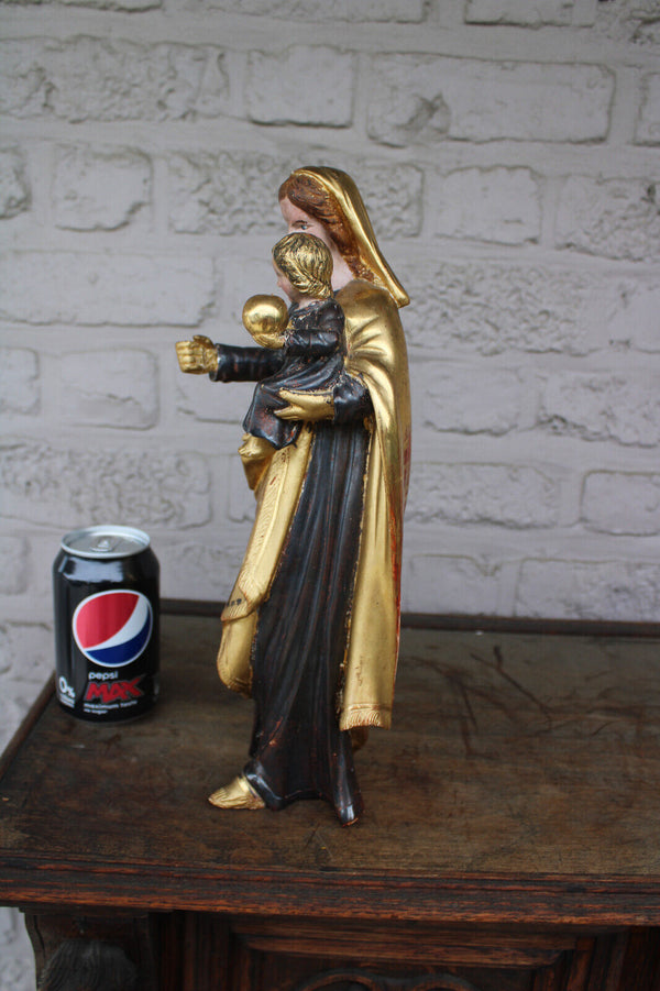 Antique 19thc Wood carved polychrome gold gilt Madonna child statue religious