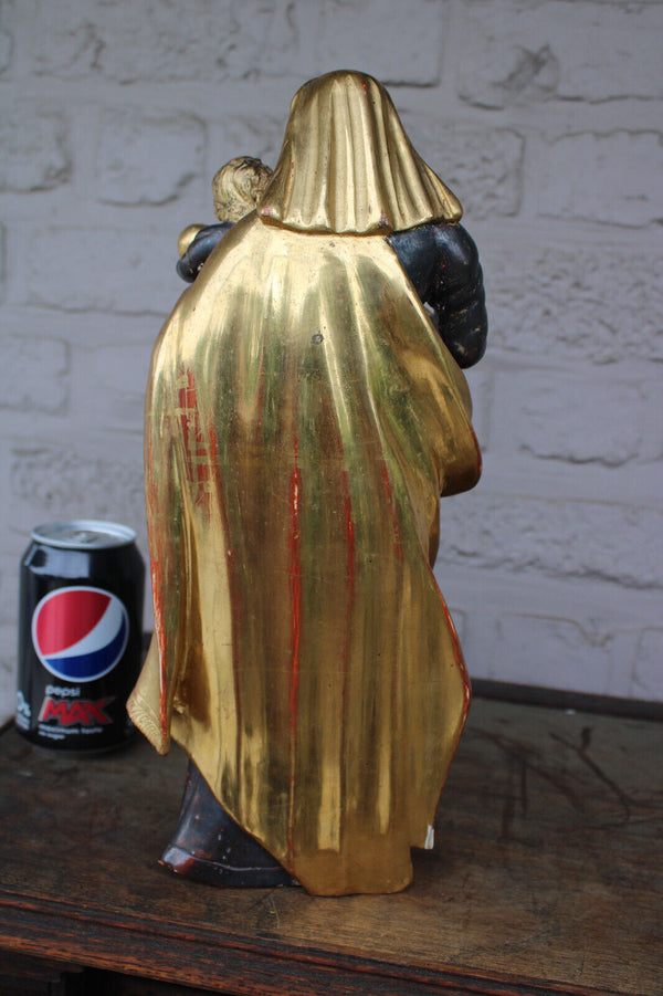 Antique 19thc Wood carved polychrome gold gilt Madonna child statue religious