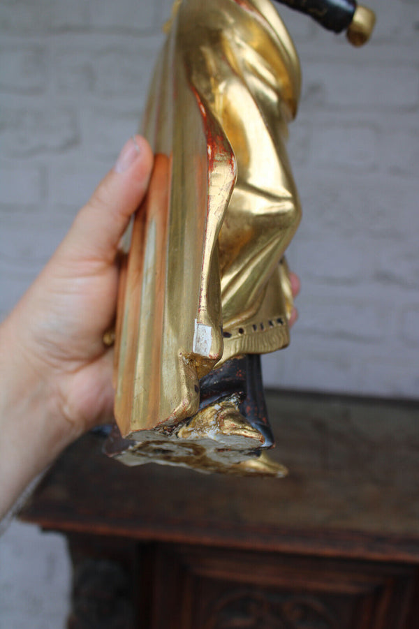 Antique 19thc Wood carved polychrome gold gilt Madonna child statue religious