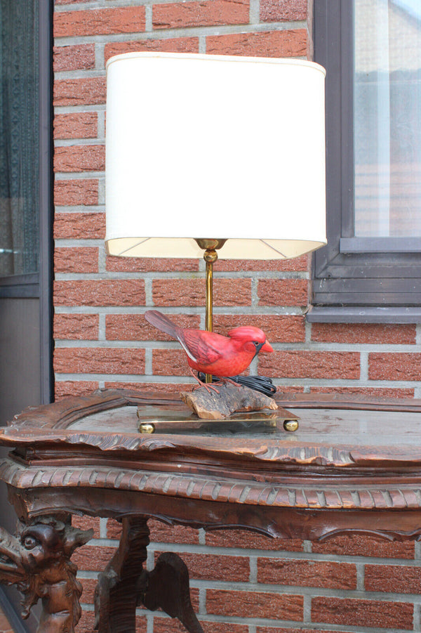 Mid century hollywood regency wood brass nothern cardinal bird table lamp rare