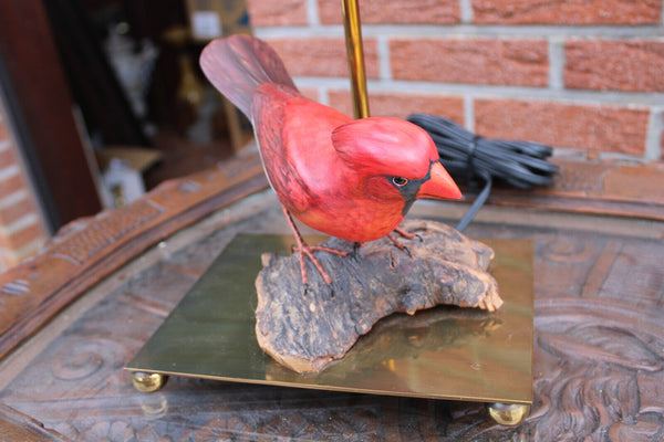 Mid century hollywood regency wood brass nothern cardinal bird table lamp rare