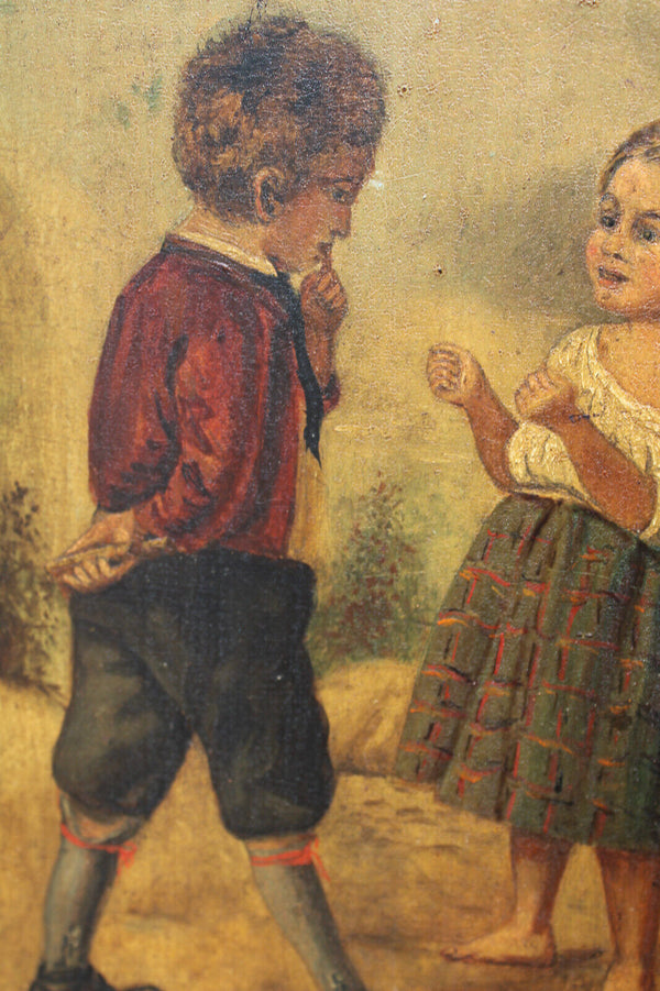 Antique oil panel boy girl painting French school