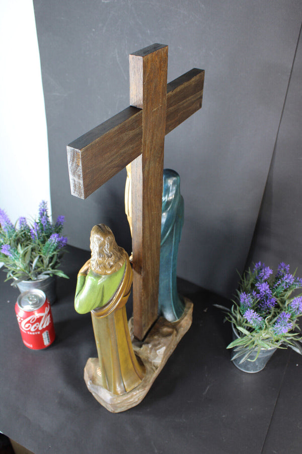 LARGE antique 1930 J DOMMISSE Art deco Terracotta ceramic calvary crucifix