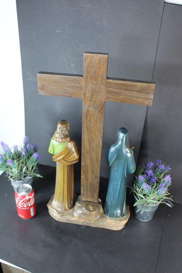 LARGE antique 1930 J DOMMISSE Art deco Terracotta ceramic calvary crucifix
