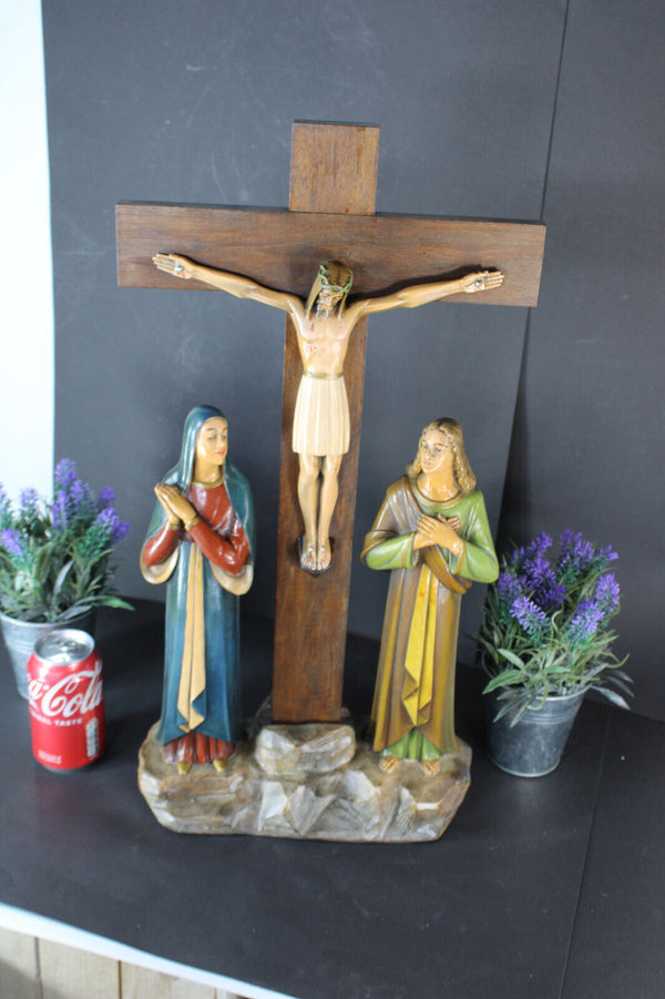 LARGE antique 1930 J DOMMISSE Art deco Terracotta ceramic calvary crucifix