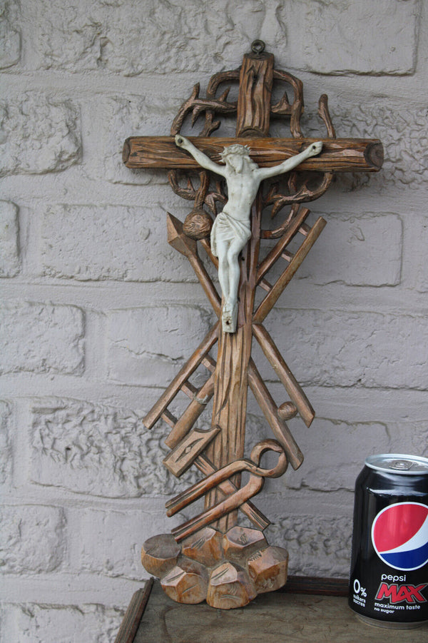 Antique wood carved crucifix bisque porcelain corpus christ