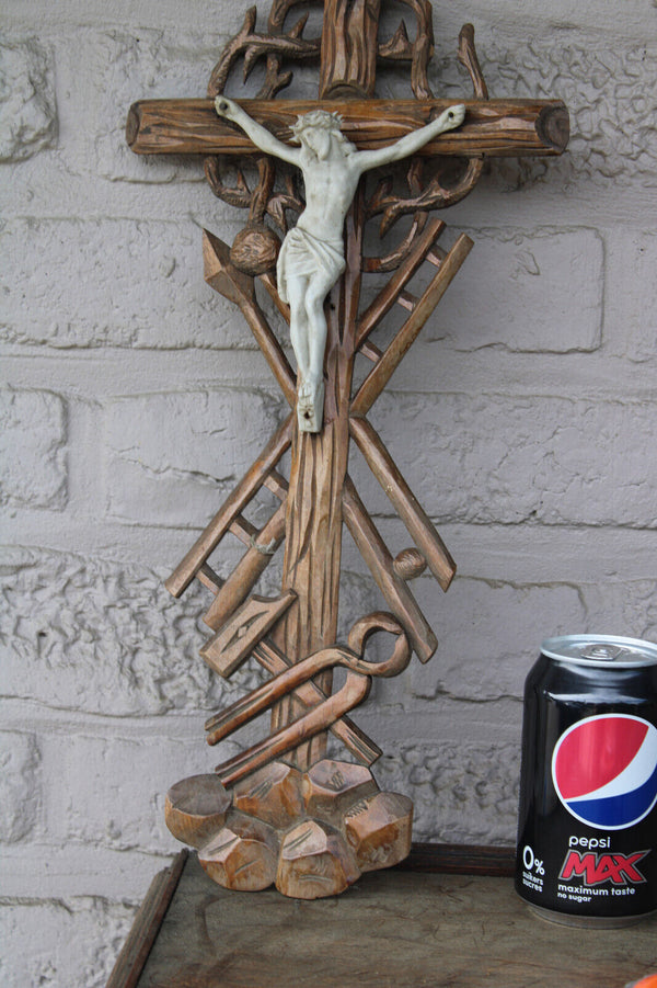 Antique wood carved crucifix bisque porcelain corpus christ