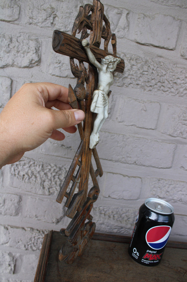 Antique wood carved crucifix bisque porcelain corpus christ