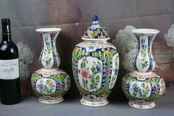 Set 3 DELFT polychrome pottery Vases Marked floral decor mantel garniture