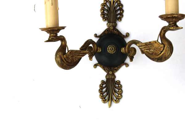 PAIR bronze lucien gau swan empire design wall lights sconces