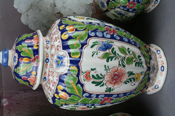 Set 3 DELFT polychrome pottery Vases Marked floral decor mantel garniture