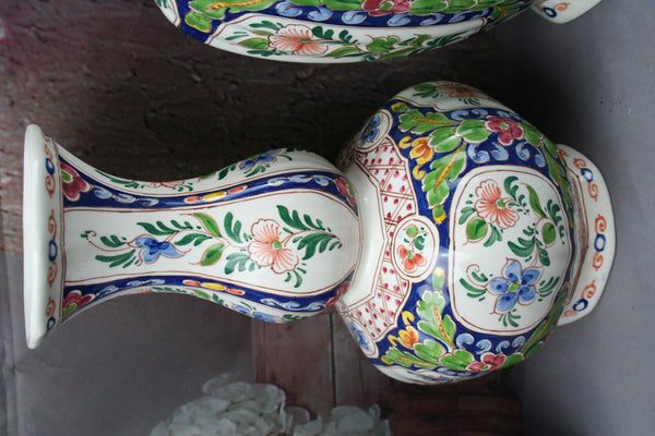 Set 3 DELFT polychrome pottery Vases Marked floral decor mantel garniture