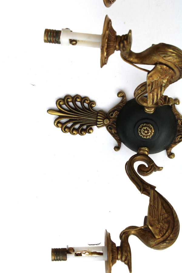PAIR bronze lucien gau swan empire design wall lights sconces