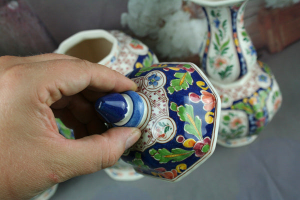 Set 3 DELFT polychrome pottery Vases Marked floral decor mantel garniture