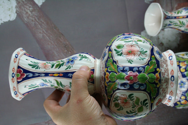 Set 3 DELFT polychrome pottery Vases Marked floral decor mantel garniture