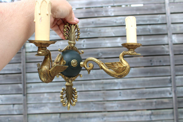 PAIR bronze lucien gau swan empire design wall lights sconces