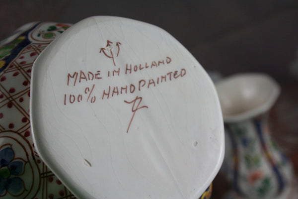 Set 3 DELFT polychrome pottery Vases Marked floral decor mantel garniture