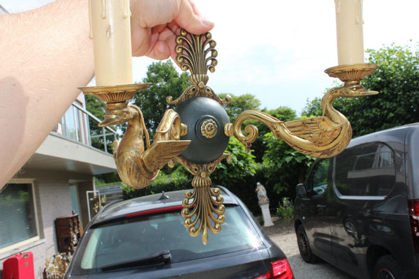 PAIR bronze lucien gau swan empire design wall lights sconces