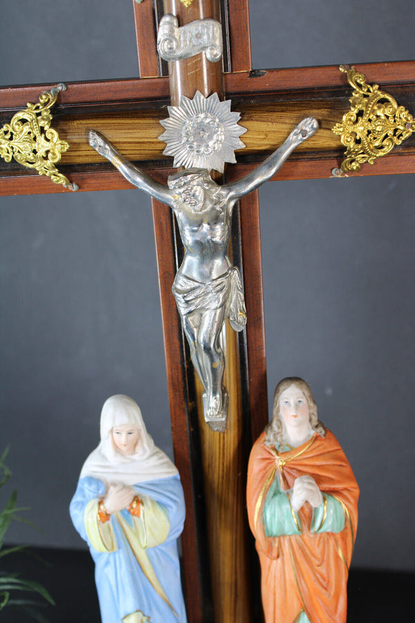 Antique French calvary crucifix porcelain magdalena johannes figurine