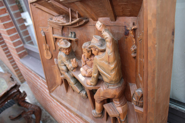 Vintage Wood carved card players relief wall panel frame signed 1960s