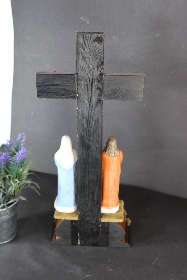 Antique French calvary crucifix porcelain magdalena johannes figurine