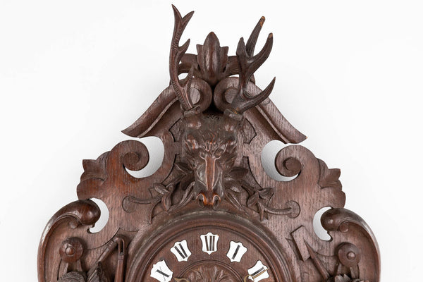 LARGE BLACK FOREST wood carving wall clock deer hunting theme