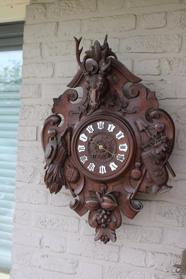 LARGE BLACK FOREST wood carving wall clock deer hunting theme