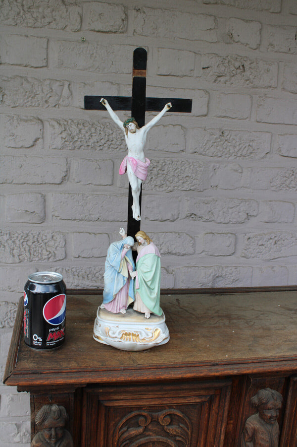 Antique vieux andenne bisque porcelain calvary holy water font crucifix