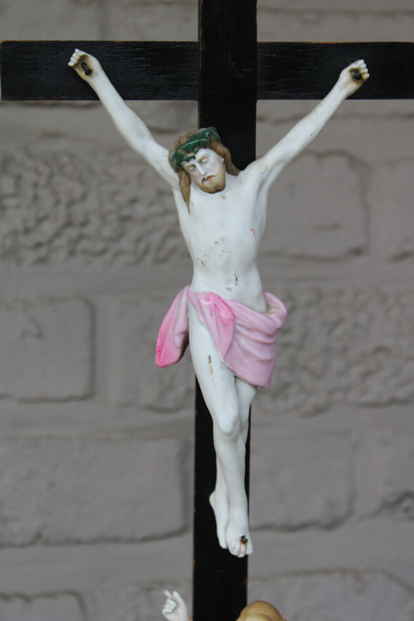 Antique vieux andenne bisque porcelain calvary holy water font crucifix