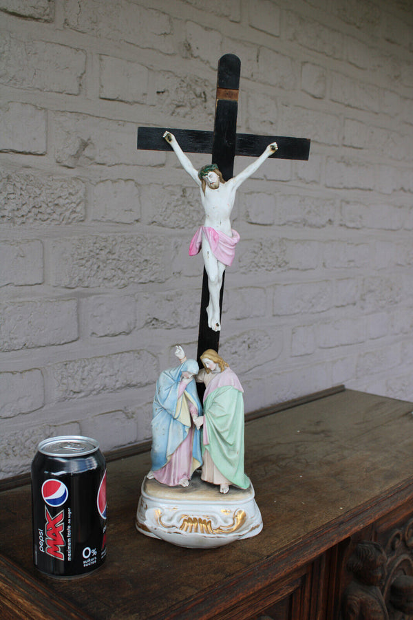 Antique vieux andenne bisque porcelain calvary holy water font crucifix
