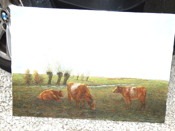 vintage flemish school 1987 oil canvas cows field painting