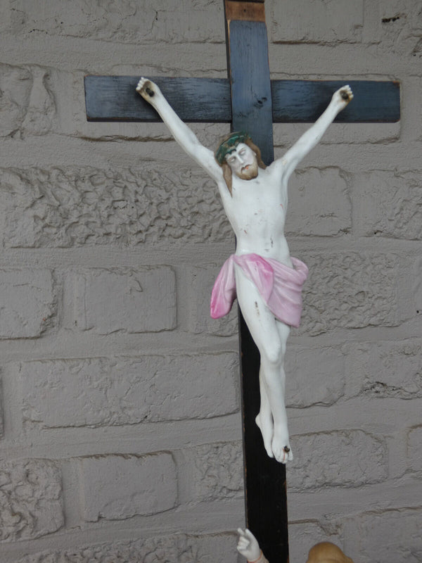 Antique vieux andenne bisque porcelain calvary holy water font crucifix