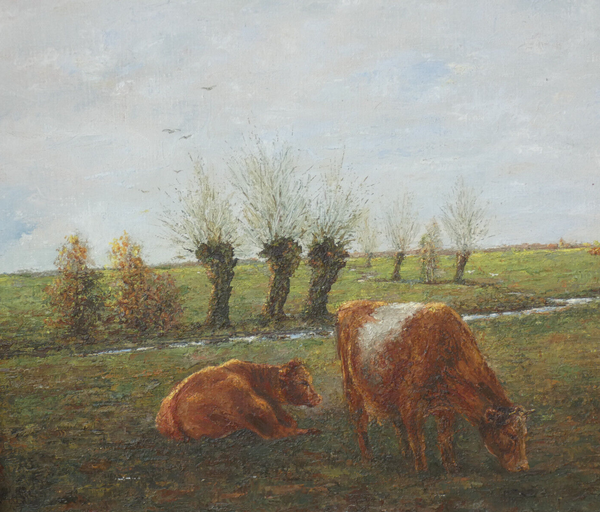 vintage flemish school 1987 oil canvas cows field painting