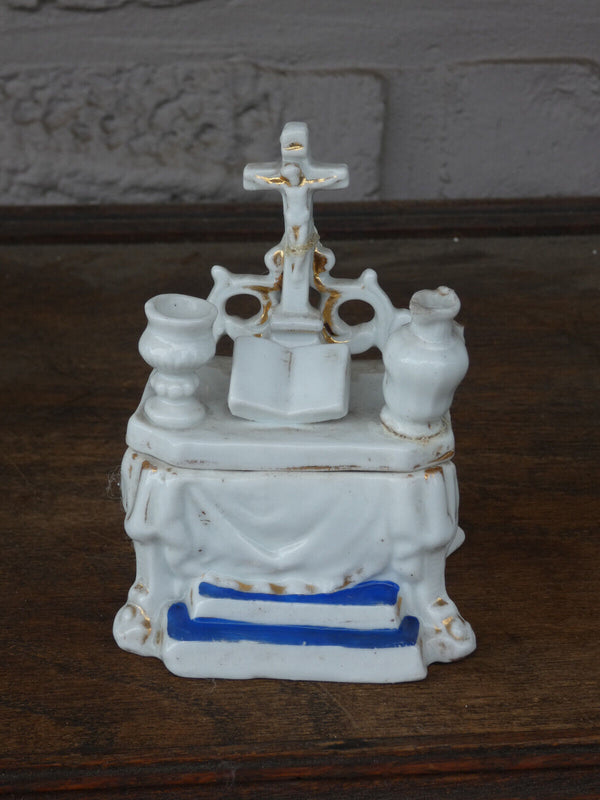 Small antique porcelain altar crucifix trinket box religious