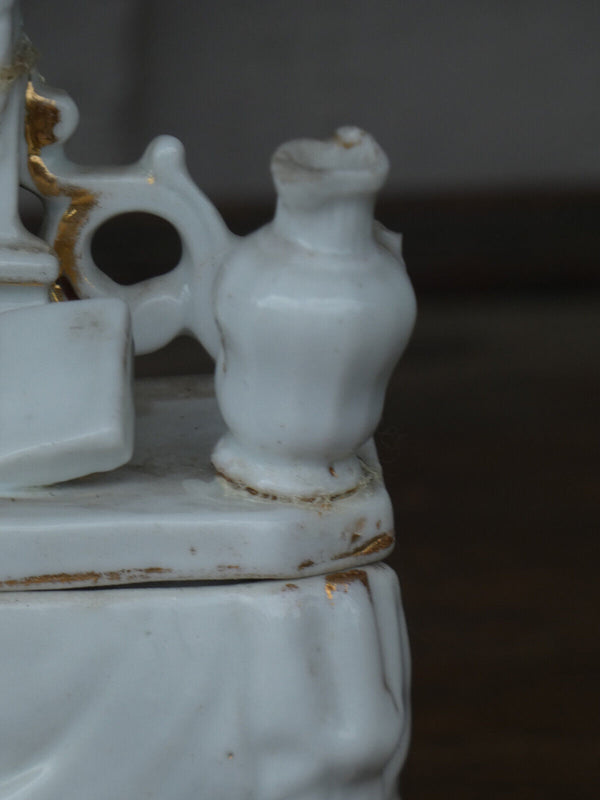 Small antique porcelain altar crucifix trinket box religious