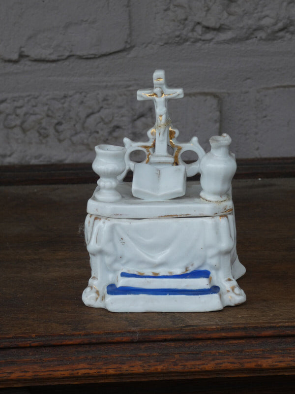 Small antique porcelain altar crucifix trinket box religious