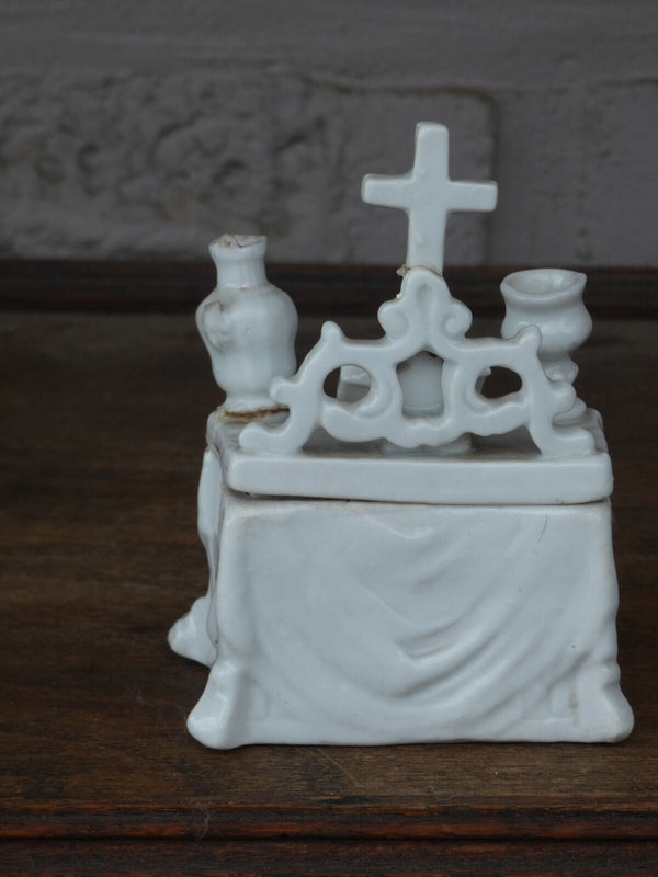 Small antique porcelain altar crucifix trinket box religious