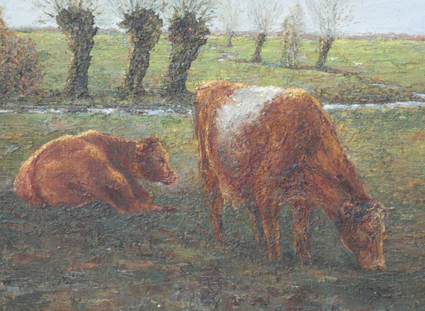 vintage flemish school 1987 oil canvas cows field painting