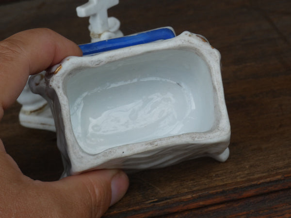 Small antique porcelain altar crucifix trinket box religious