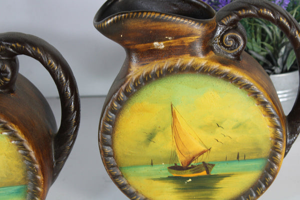 Vintage Ceramic mantel garniture set vases sail boat maritime