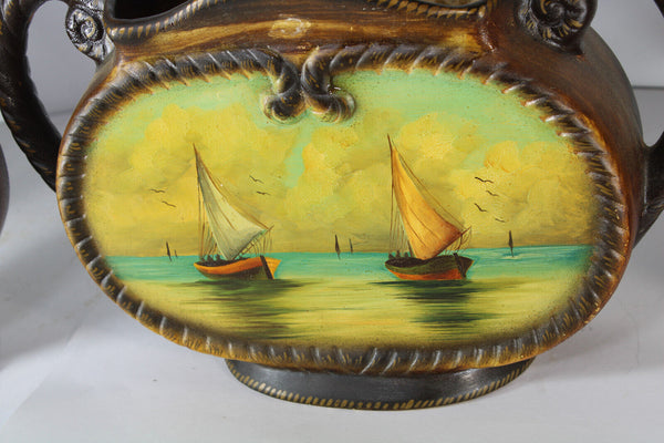 Vintage Ceramic mantel garniture set vases sail boat maritime