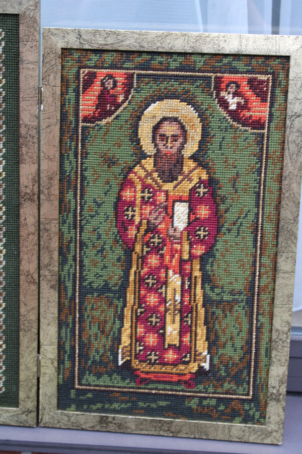 vintage embroidery religious triptych wall panel madonna saints