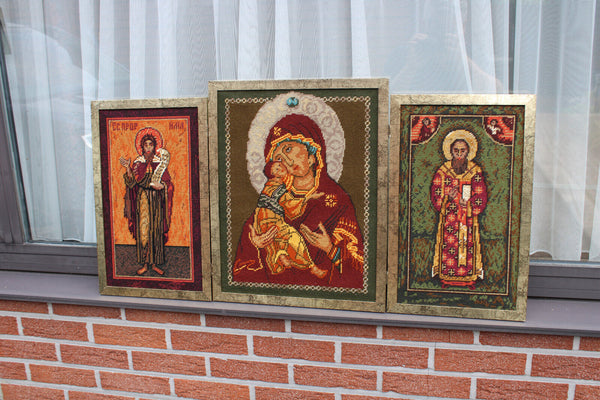 vintage embroidery religious triptych wall panel madonna saints