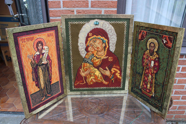 vintage embroidery religious triptych wall panel madonna saints