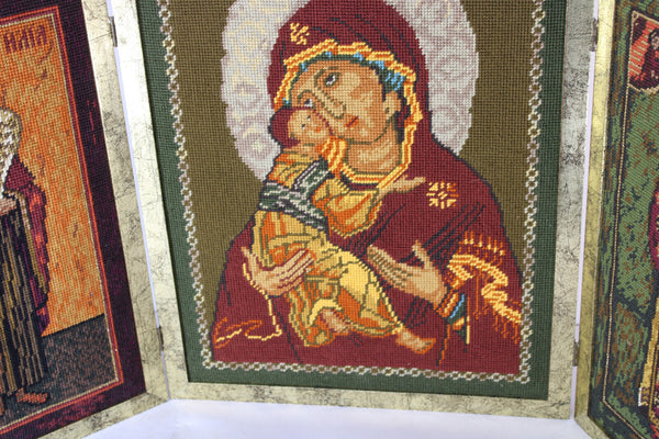 vintage embroidery religious triptych wall panel madonna saints