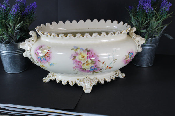 French ceramic faience planter jardiniere lion heads floral decor 1950